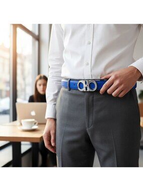 Men's Blue Leather Belt with Silver Double-Ring Buckle